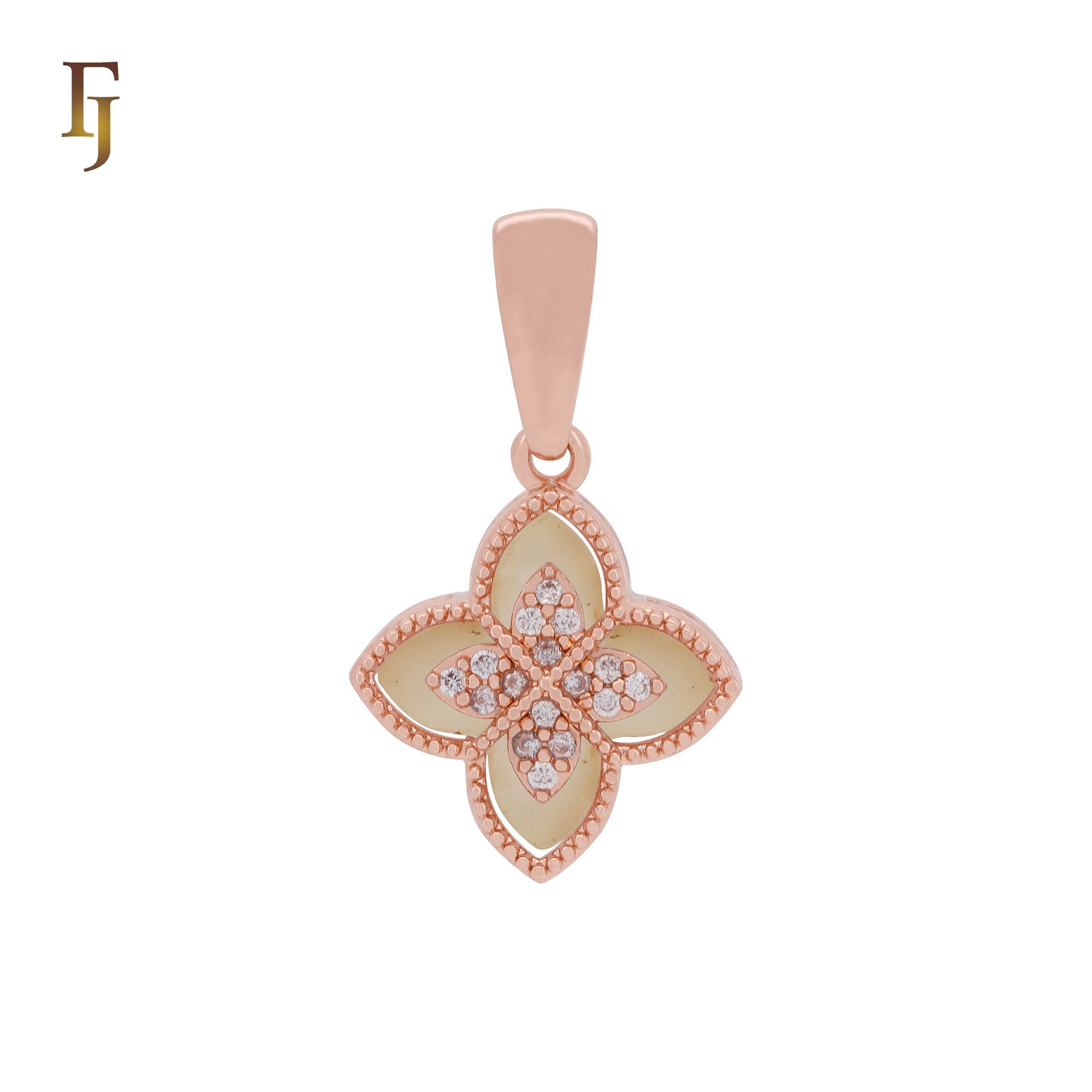 Colgante de oro rosa y oro de 14 quilates con trébol en capas blanco y negro
