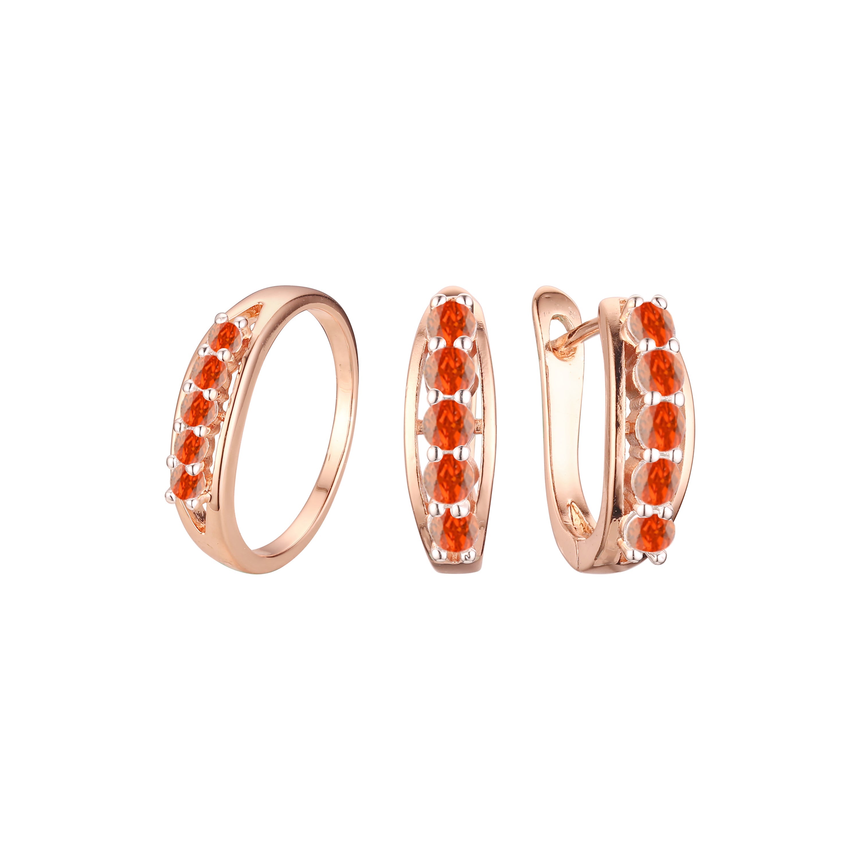 Conjunto de joias de anéis de ouro rosa de dois tons e cinco pedras coloridas cluster cz