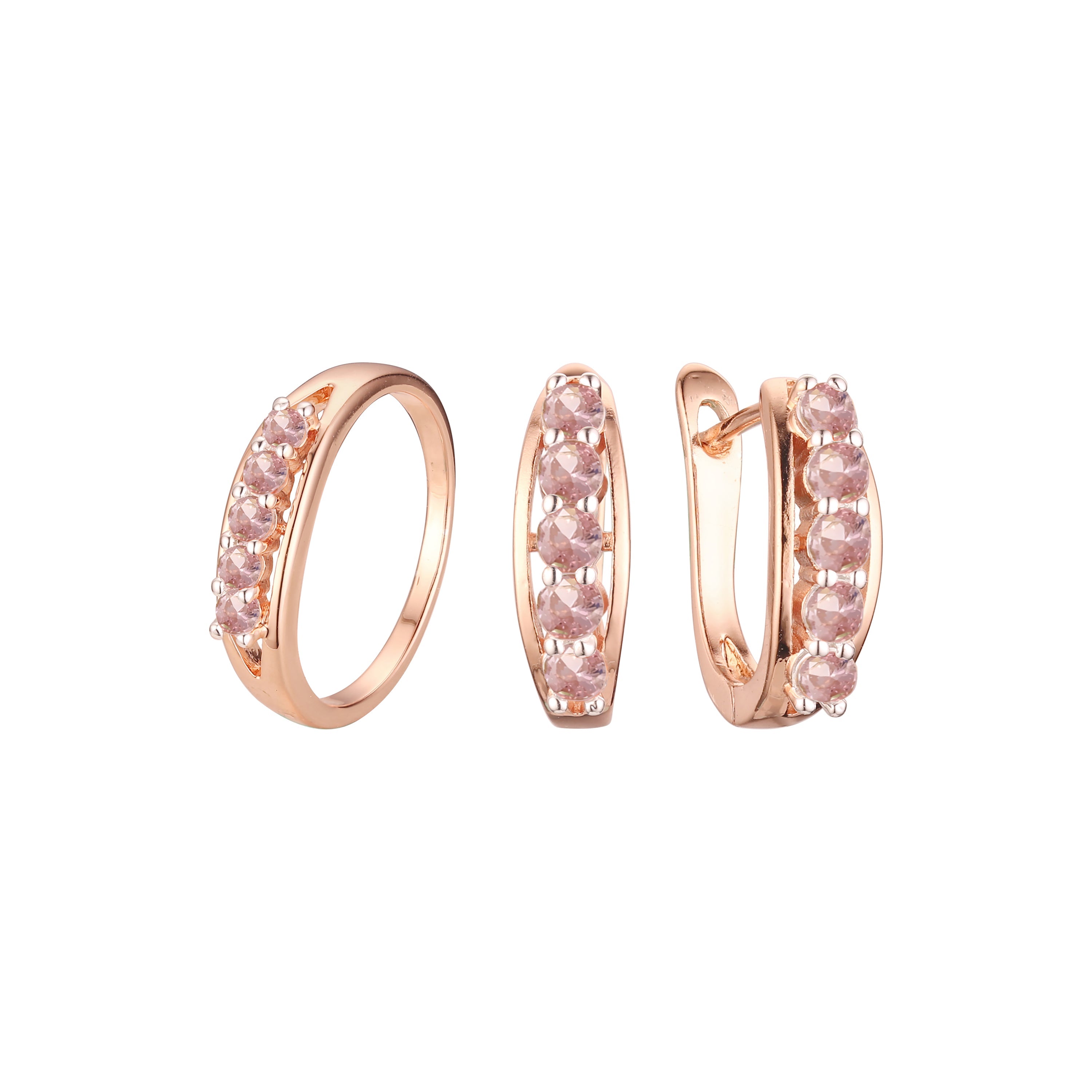 Conjunto de joias de anéis de ouro rosa de dois tons e cinco pedras coloridas cluster cz