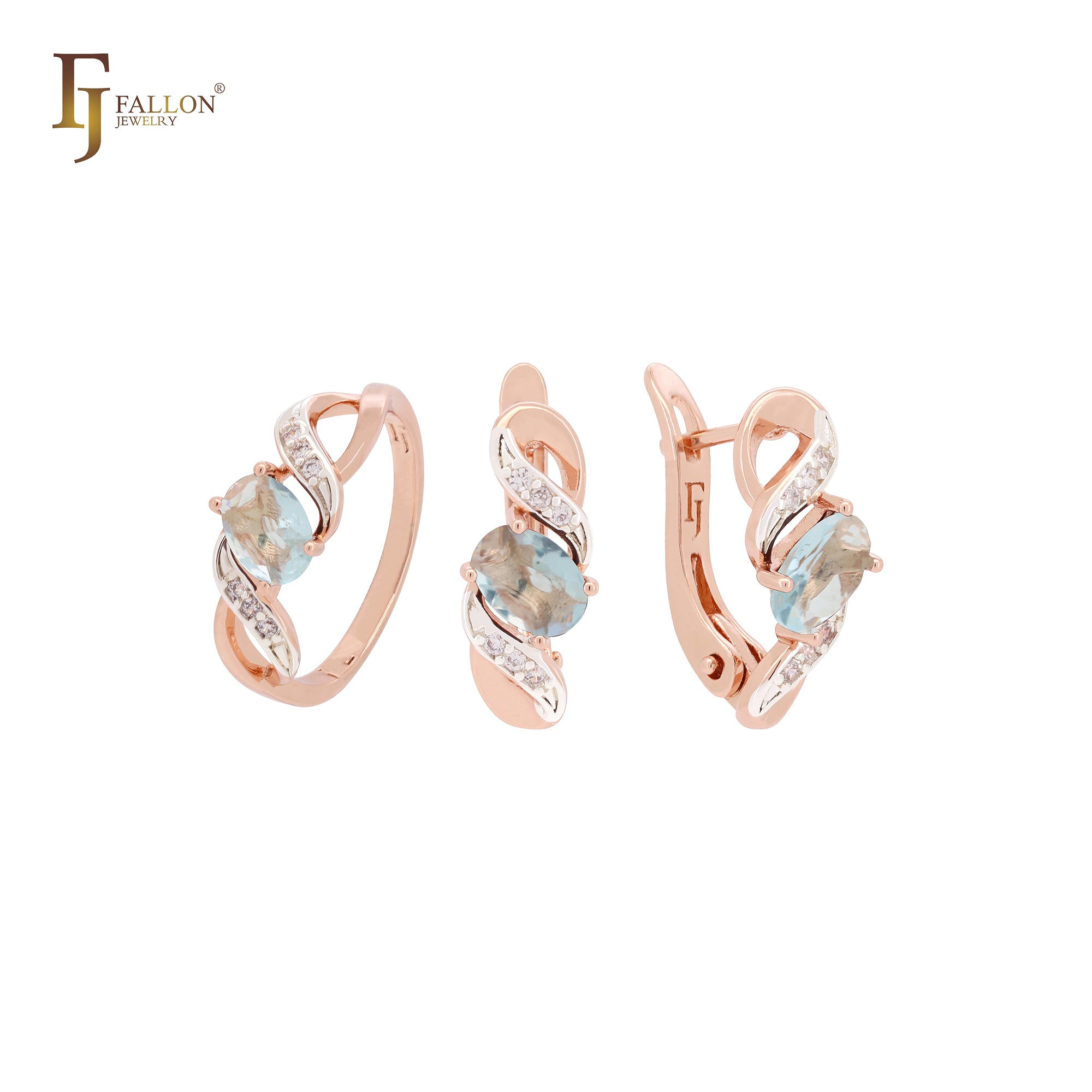 Conjunto de joyas de oro rosa de dos tonos con solitario de circonita cúbica de corte ovalado con garra de cinta y anillos