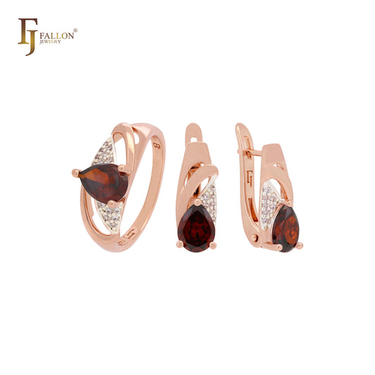 Pear shape CZ with white CZs Rose Gold two tone Jewelry Set with Rings