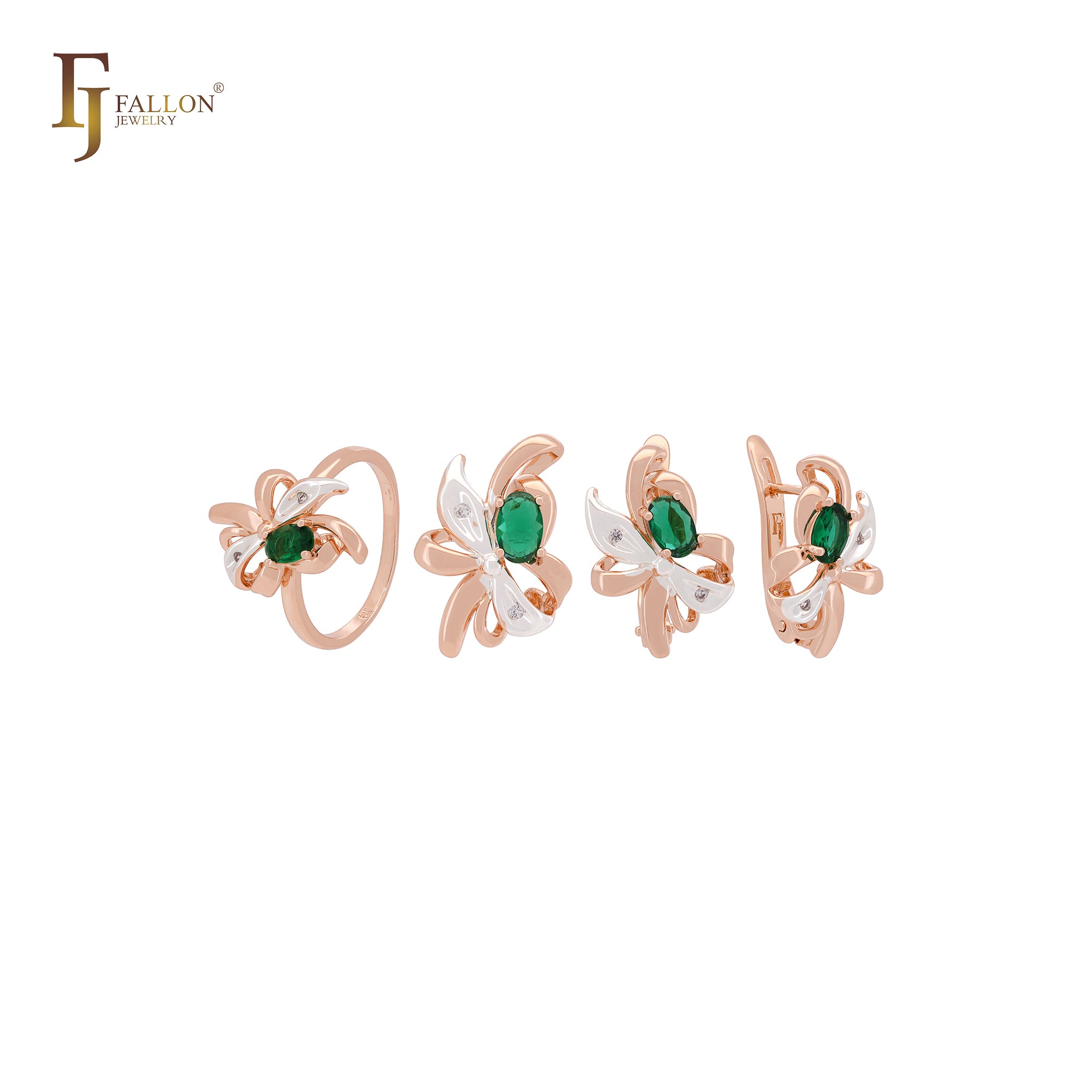 Sparkling flower leaves of white Green stone Rose Gold two tone Jewelry Set with Rings and Pendant