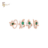 Sparkling flower leaves of white Green stone Rose Gold two tone Jewelry Set with Rings and Pendant