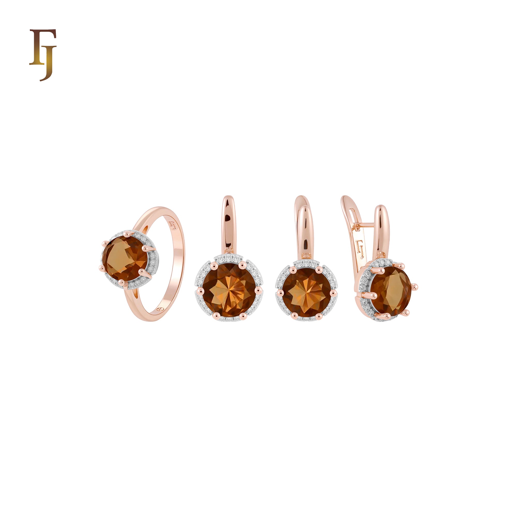 Solitaire Halo Big Rounded Colorful CZ Rose Gold two tone Jewelry Set with Rings and Pendant