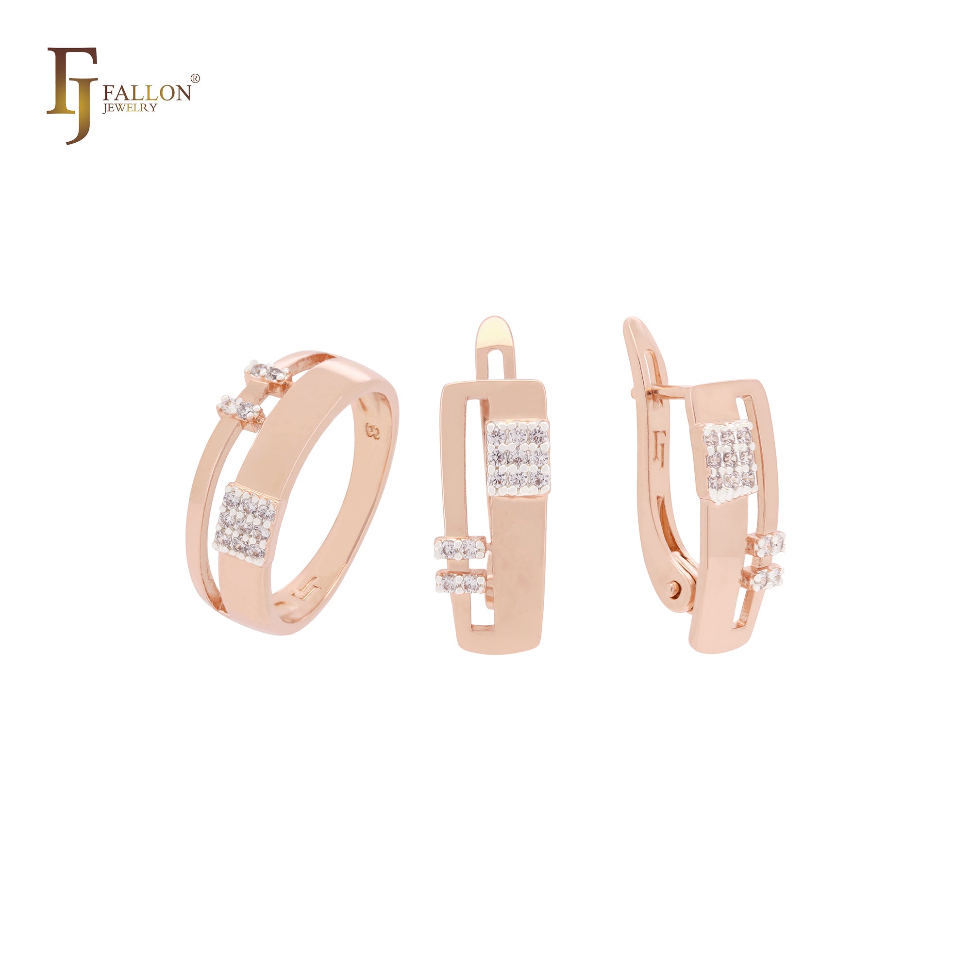 Squared flank of white CZs Rose Gold two tone Jewelry Set with Rings