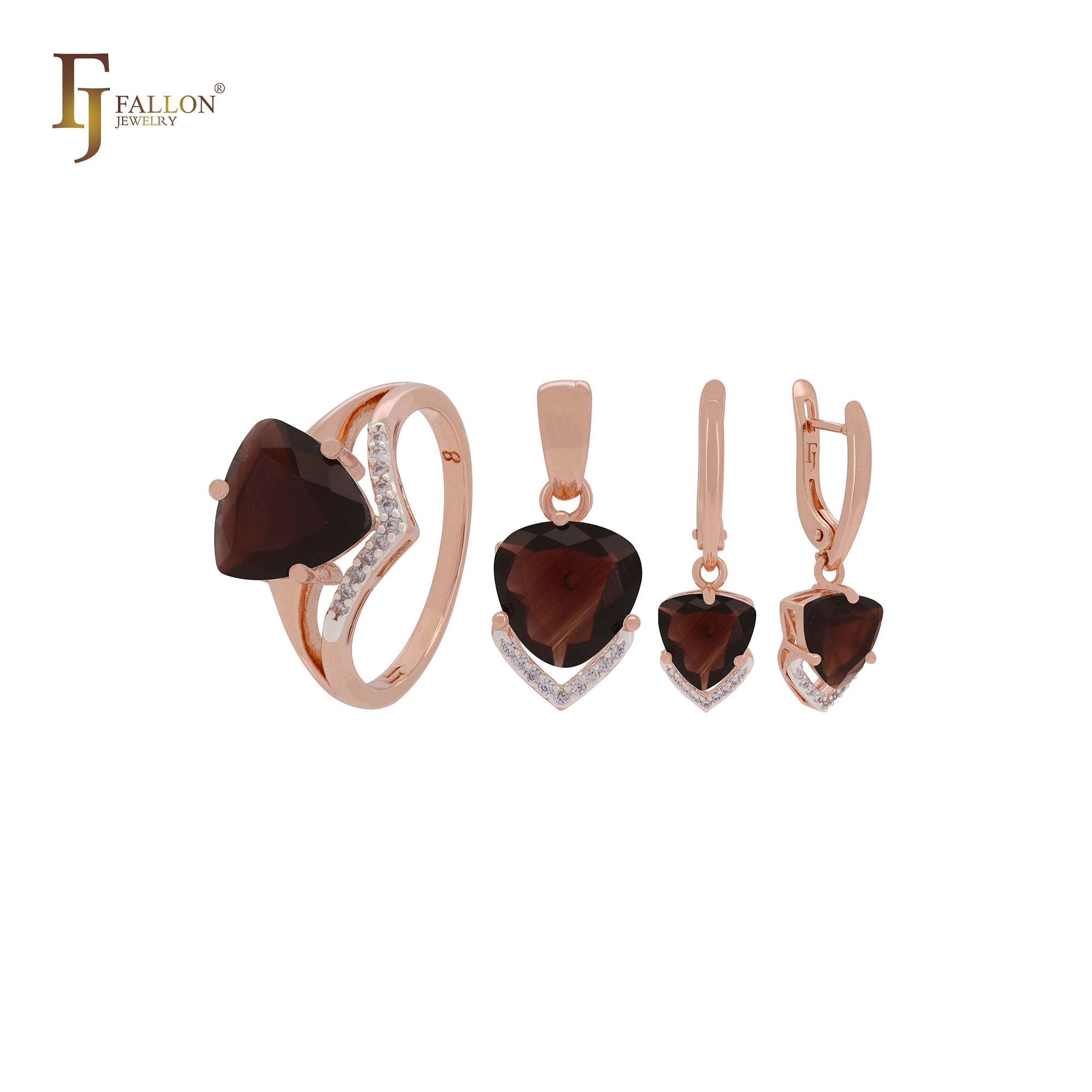 Conjunto de joias triangulares de zircônia cúbica branca com flecha de zircônias cúbicas brancas em ouro rosa, dois tons, com anéis e pingente