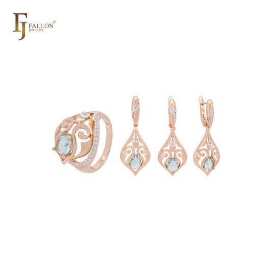 Luxurious pattern of Emerald CZ Rose Gold two tone Jewelry Set with Rings and Pendant