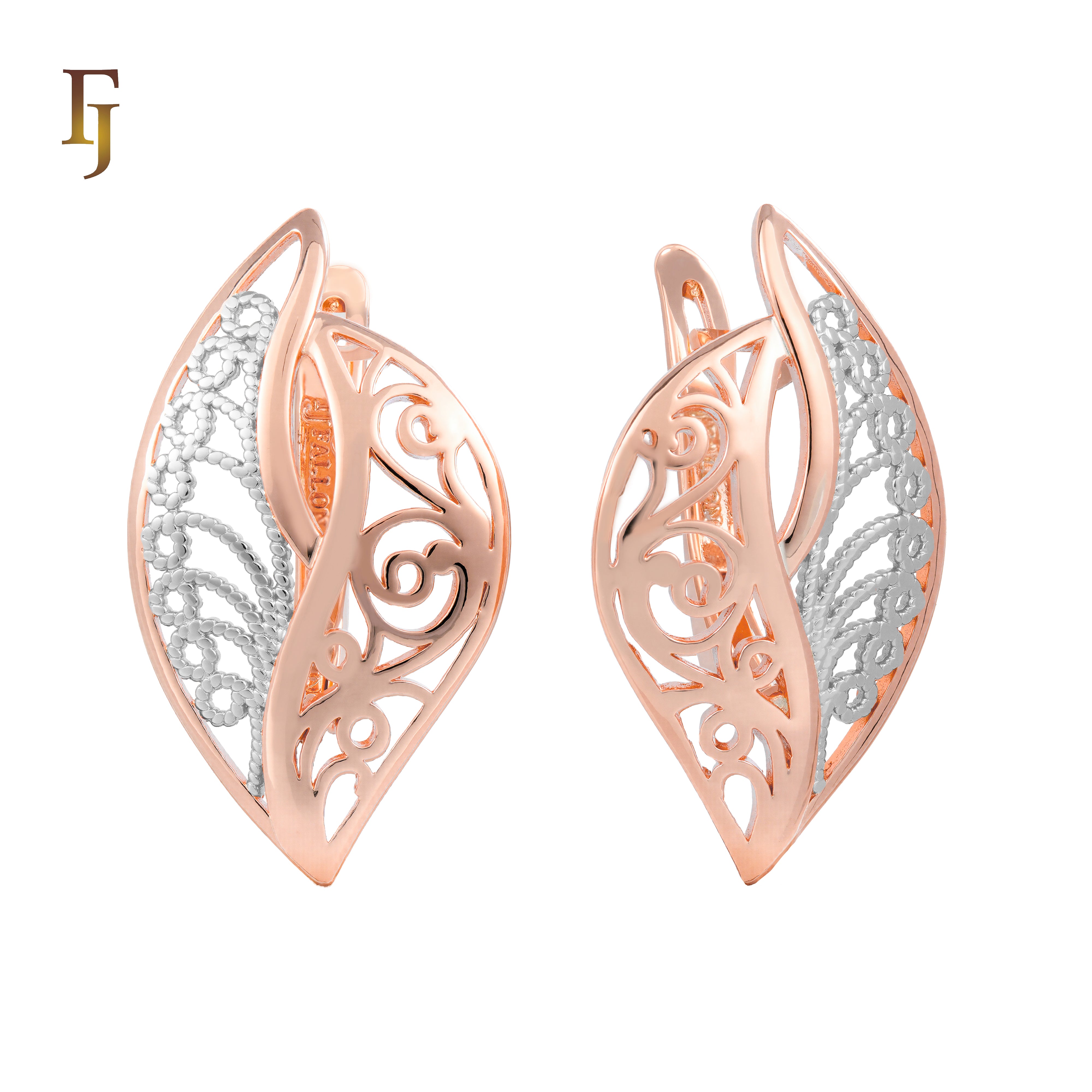 Rose Gold and White Filigree Russian Lock Earrings with Leaf Shape Cutout Design – FJ Jewelry