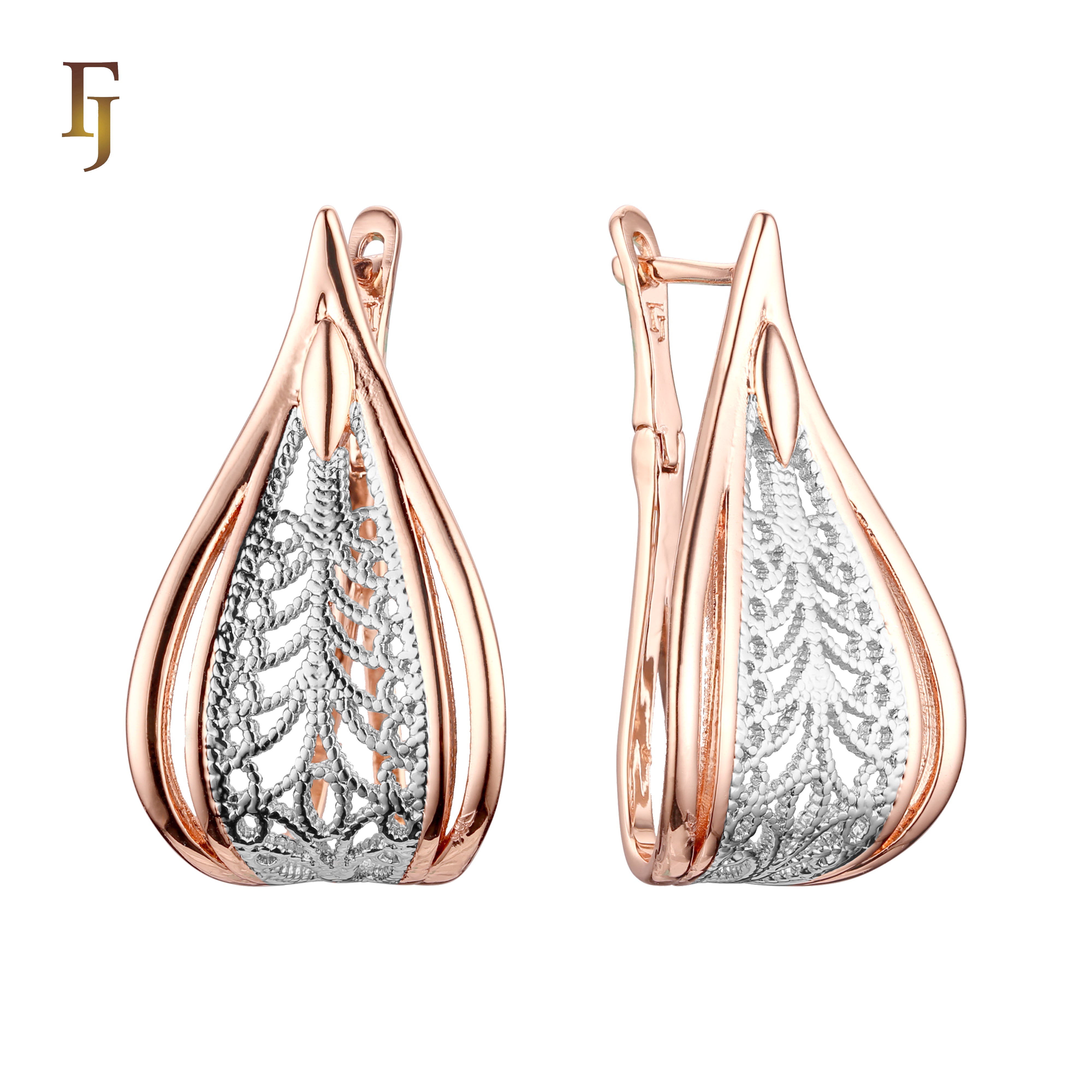 Teardrop Russian Lock Earrings in Gold with Filigree Lace Pattern – Elegant Lightweight Jewelry for Women