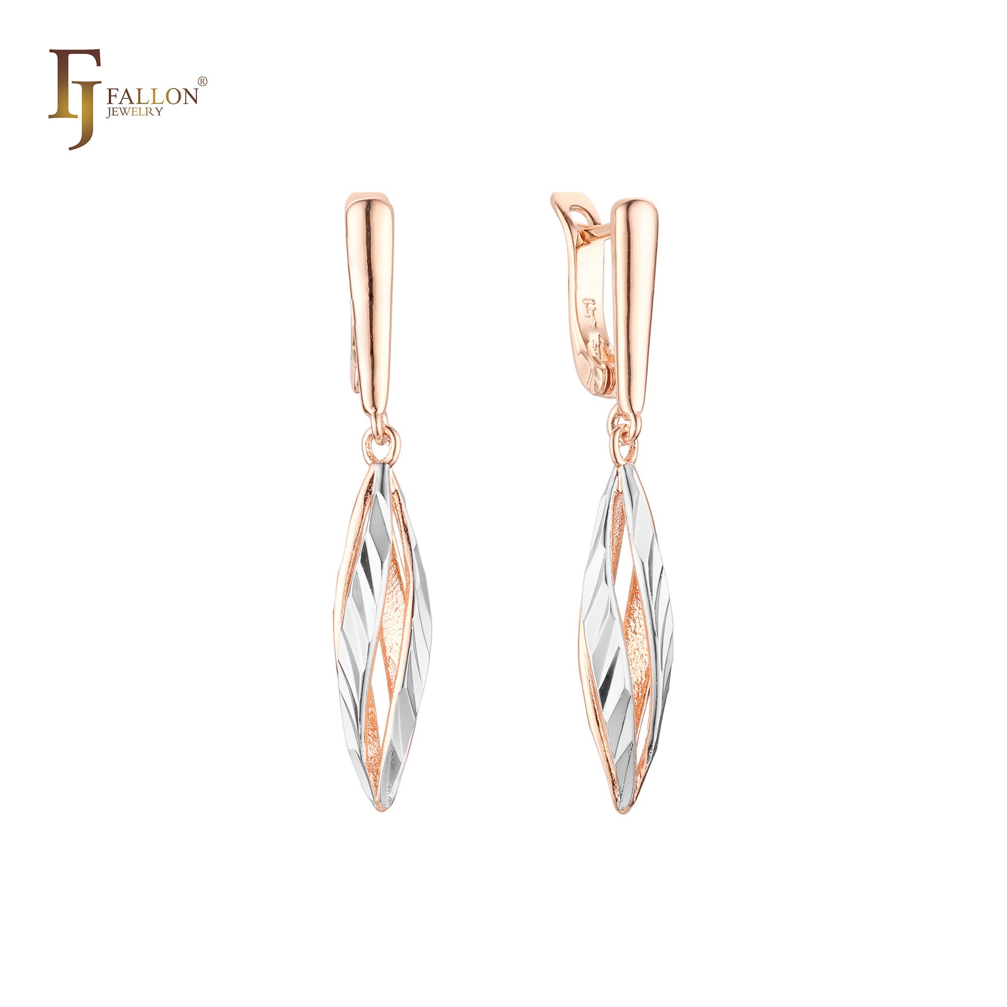 Marquise etched cage Rose Gold two tone drop Russian Lock Earrings