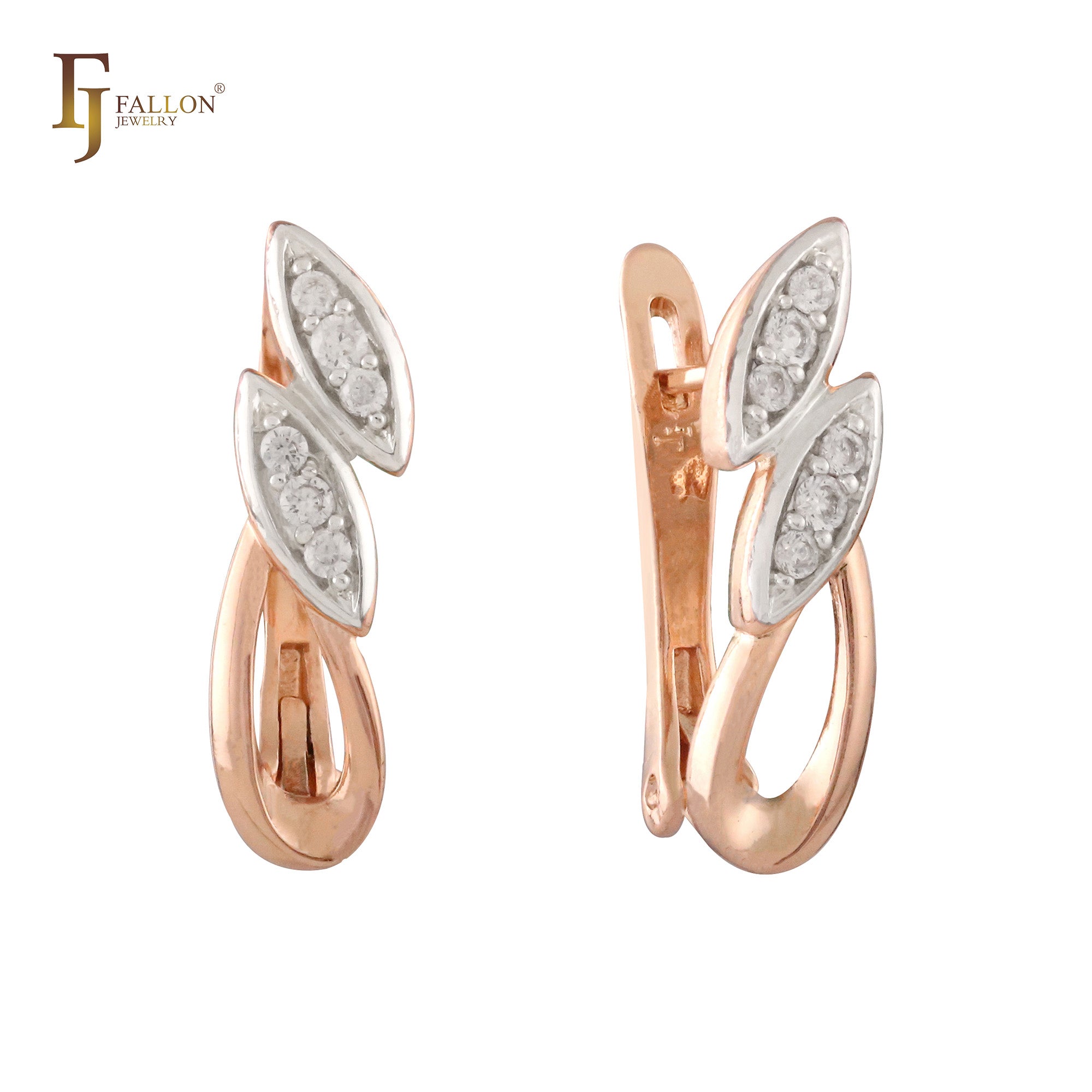 Double Marquise silver leaves Rose Gold two tone Russian Lock Earrings