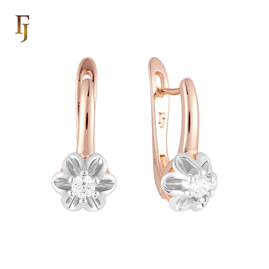 Solitaire flower earrings in 14K Gold, Rose Gold, two tone plating colors