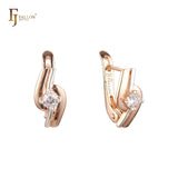 Lightning sign of solitaire whiet CZ Rose Gold two tone Russian Lock Earrings