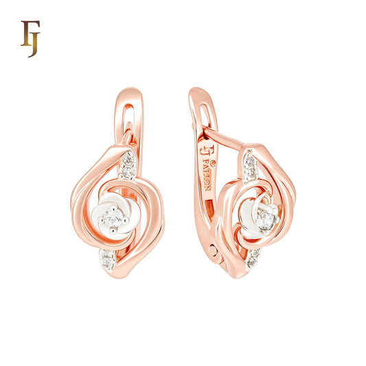 Rose Flower spinning Rose Gold two tone Russian Lock Earrings