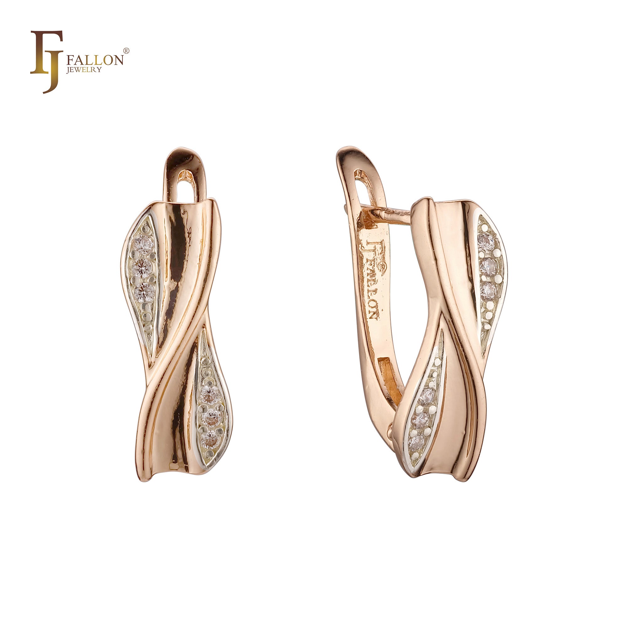 Double Leaves crossing white CZs paved Rose Gold two tone Russian Lock Earrings