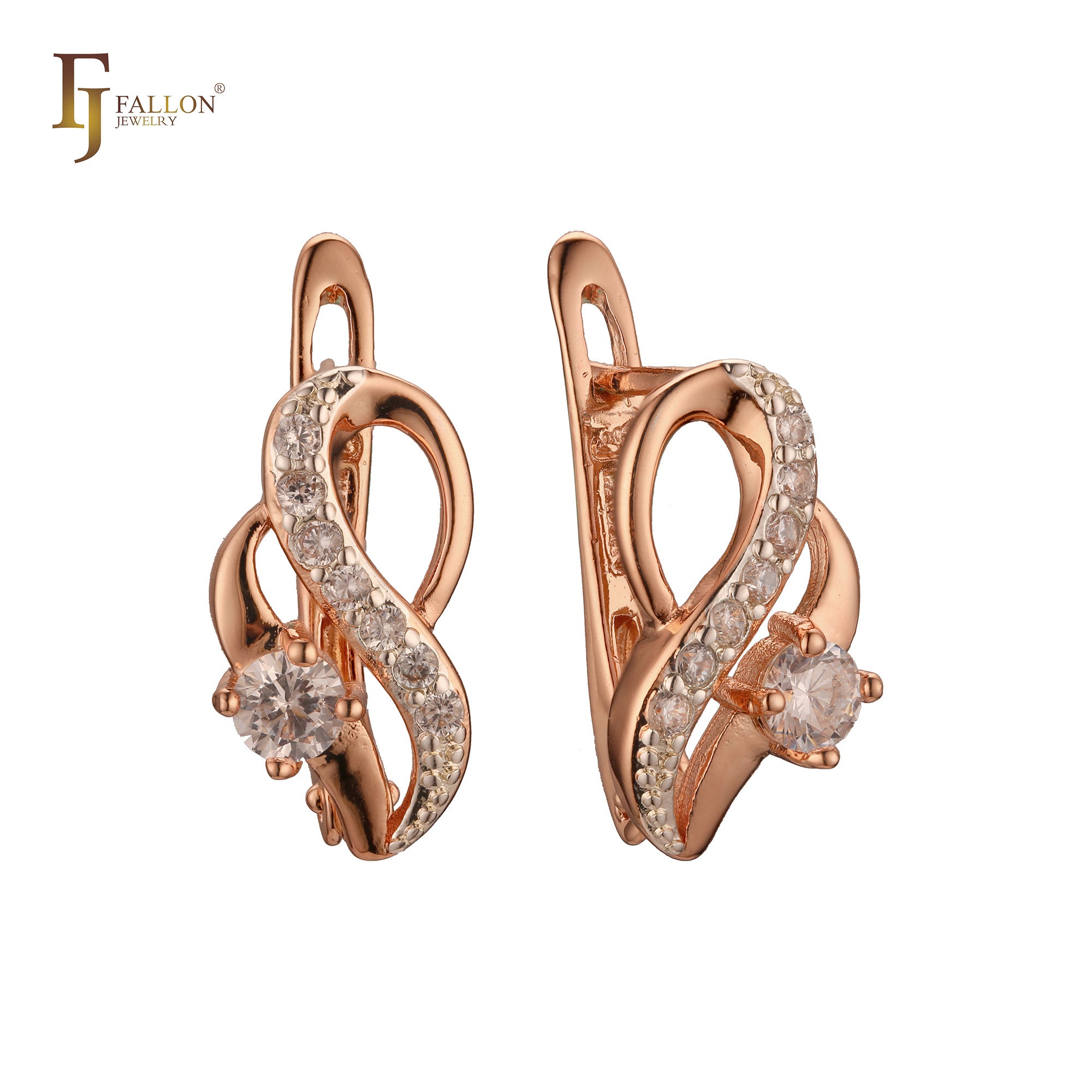 Music tone ribbon paved white CZs Rose Gold two tone Russian Lock Earrings