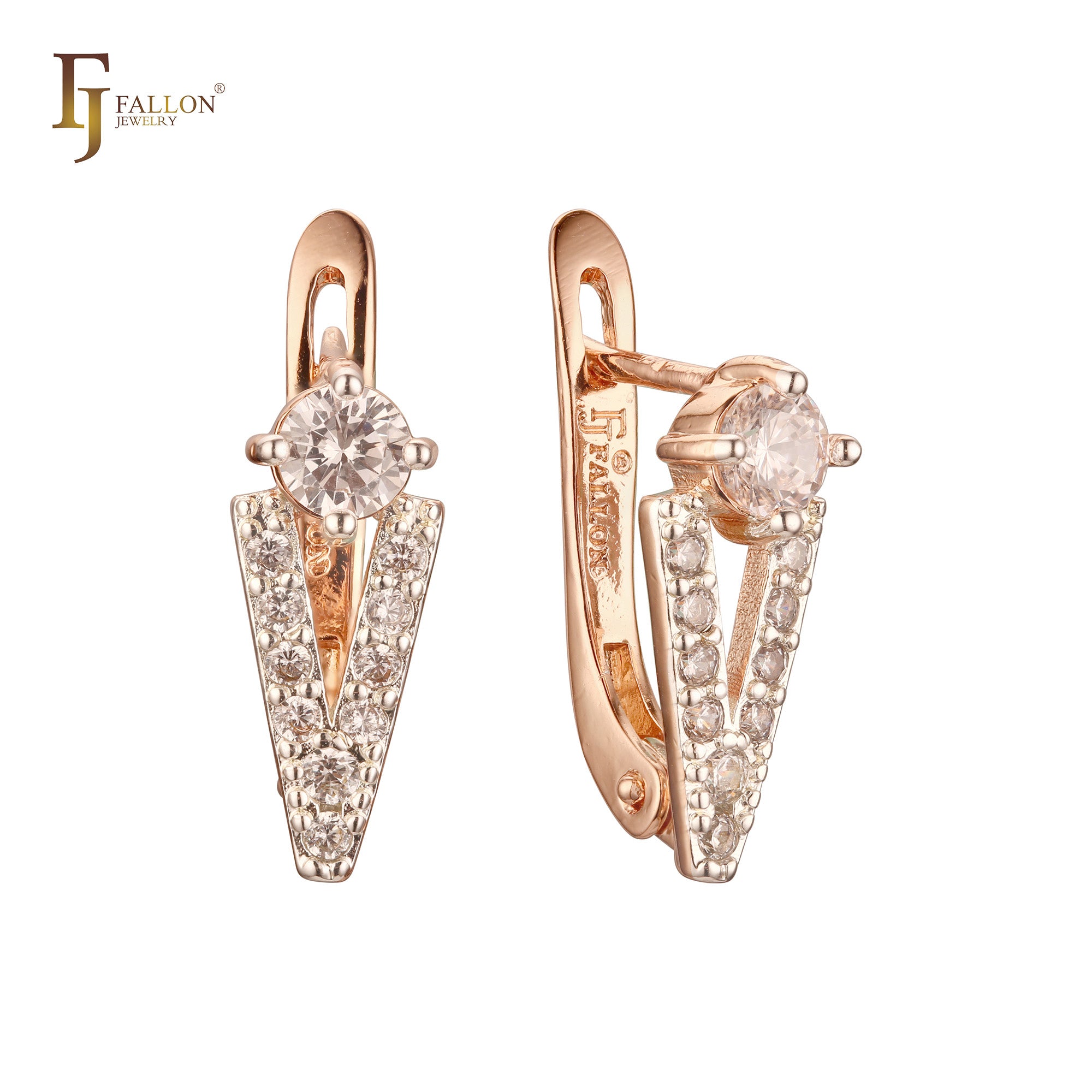 Chevron paved white CZs solitaire Rose Gold Russian Lock Earrings
