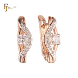 Twisted paved white CZs Rose Gold two tone Russian Lock Earrings