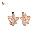 Cluster and filigree Leaves Rose Gold two tone Russian Lock Earrings