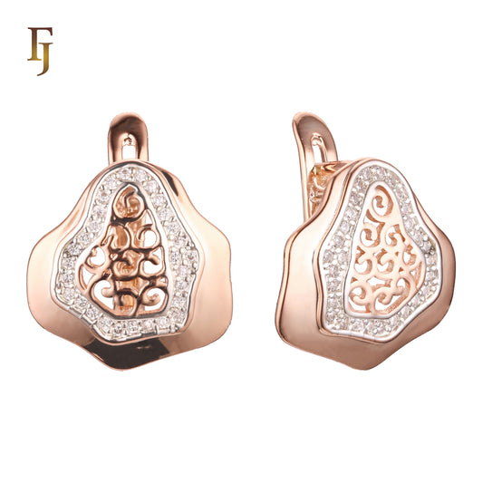 Rose Gold Plated Russian Lock Earrings with CZ and Vintage Filigree Design