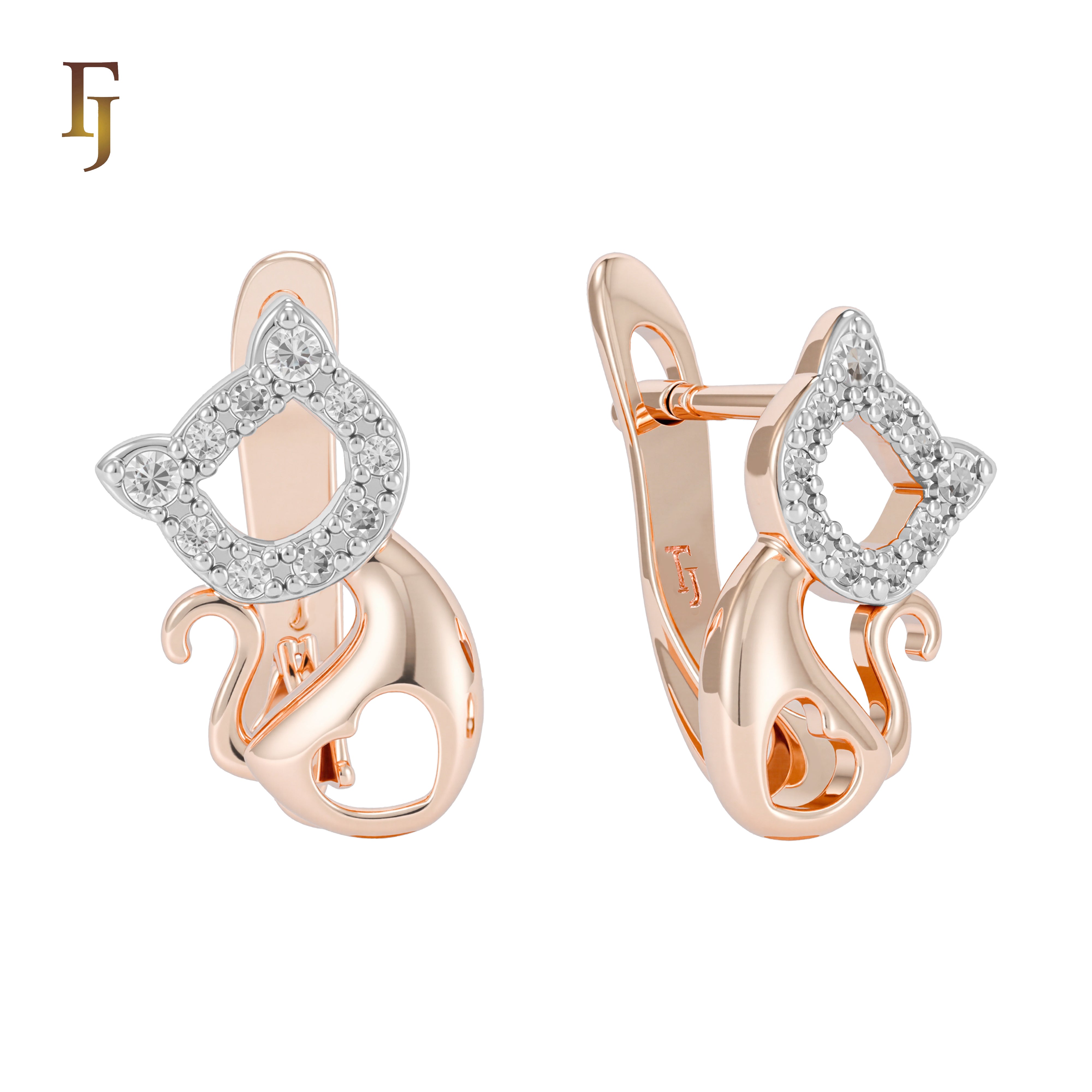 Cute Cat-Shaped Rose Gold Earrings with Sparkling Cubic Zirconia – Elegant Animal Jewelry for Women
