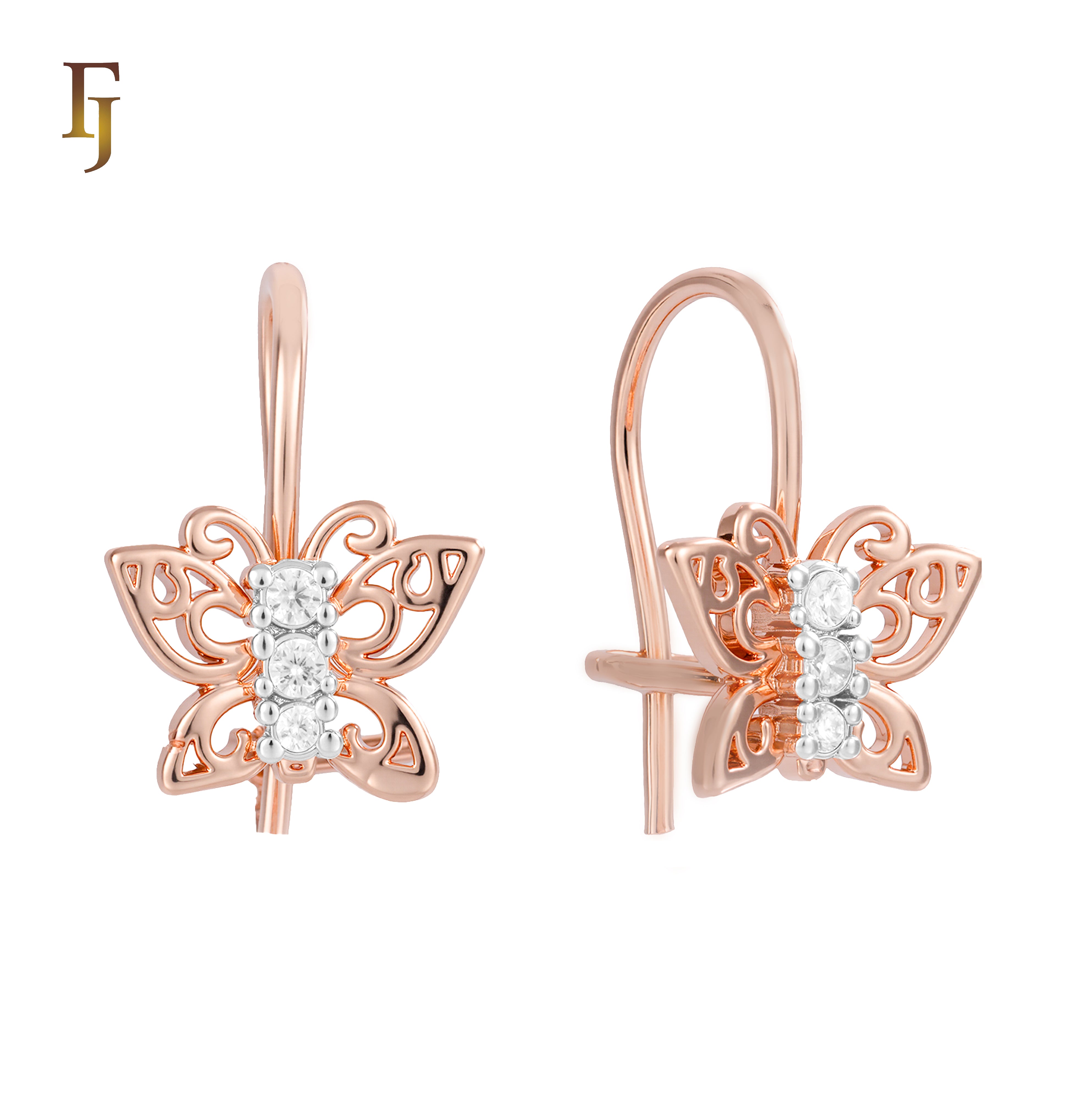 Butterfly Child Wire Hook Earrings – Rose Gold Plated CZ Kids Jewelry | Cute Filigree Design by FJ