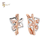Silver framed leaves of branch Rose Gold two tone Russian Lock Earrings