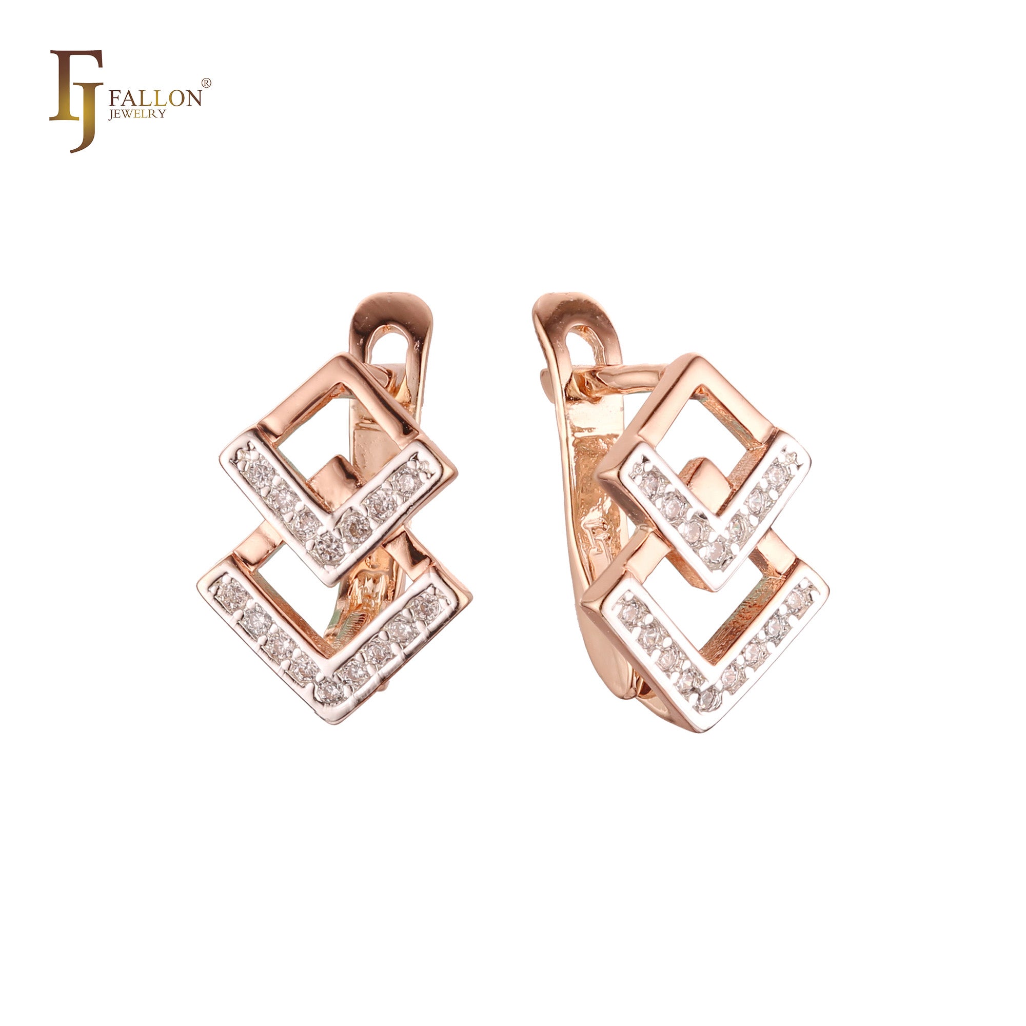 Double lock of rhombus paved white CZs Rose Gold two tone Russian Lock Earrings