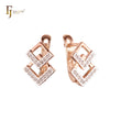 Double lock of rhombus paved white CZs Rose Gold two tone Russian Lock Earrings