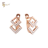Double lock of rhombus paved white CZs Rose Gold two tone Russian Lock Earrings