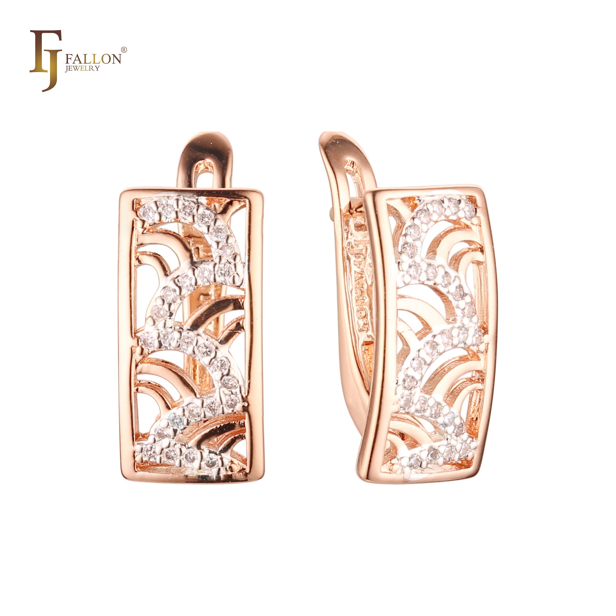 Window squared of paved white CZs waves Rose Gold two tone Russian Lock Earrings