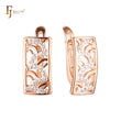 Window squared of paved white CZs waves Rose Gold two tone Russian Lock Earrings