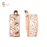 Window squared of paved white CZs waves Rose Gold two tone Russian Lock Earrings