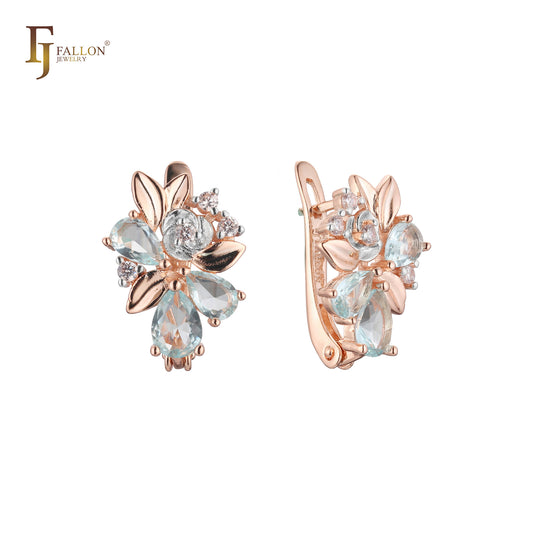 Cluster lake blue earrings in 14K Gold, Rose Gold, two tone plating colors