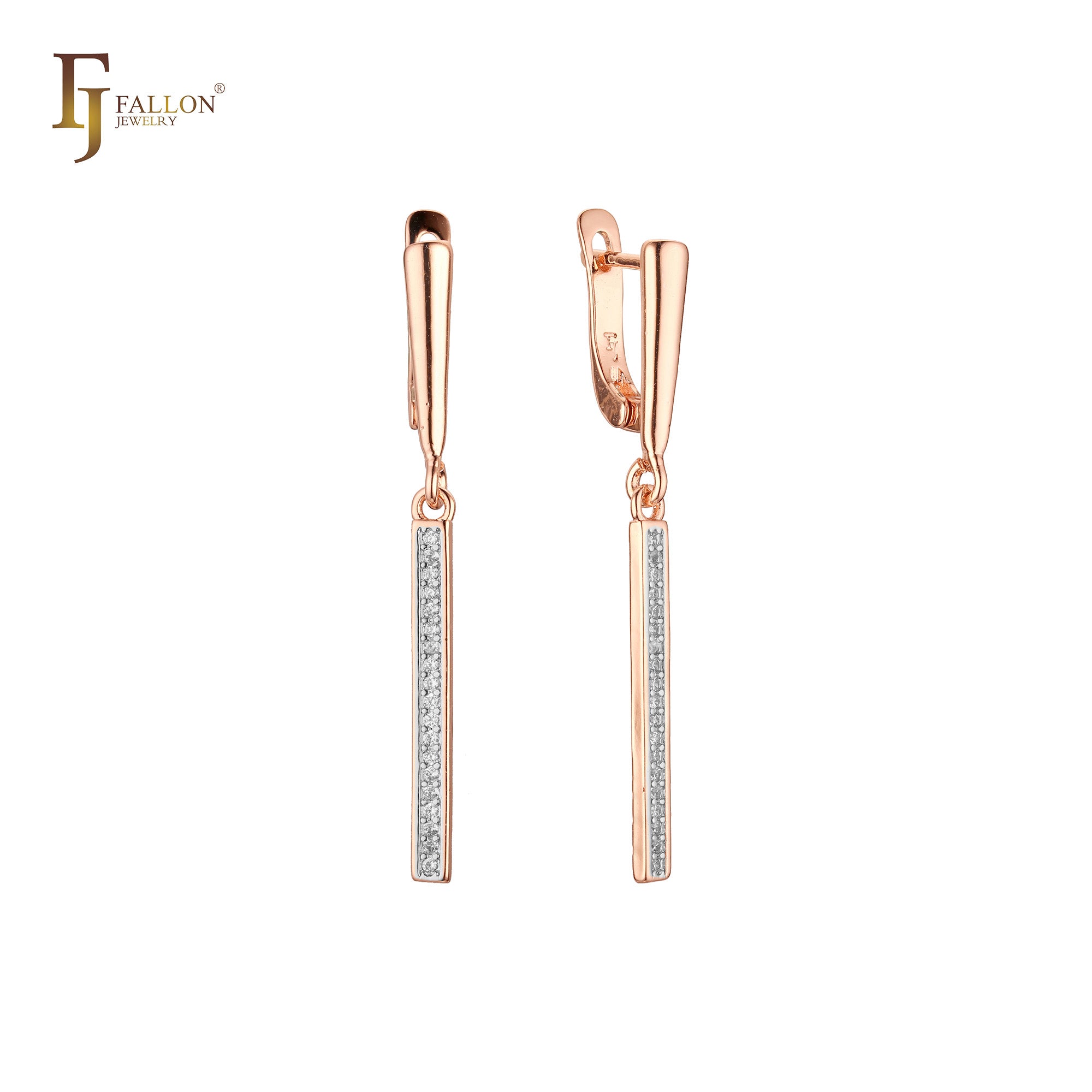 Long tall bar of white Czs silver Rose Gold two tone drop Russian Lock Earrings
