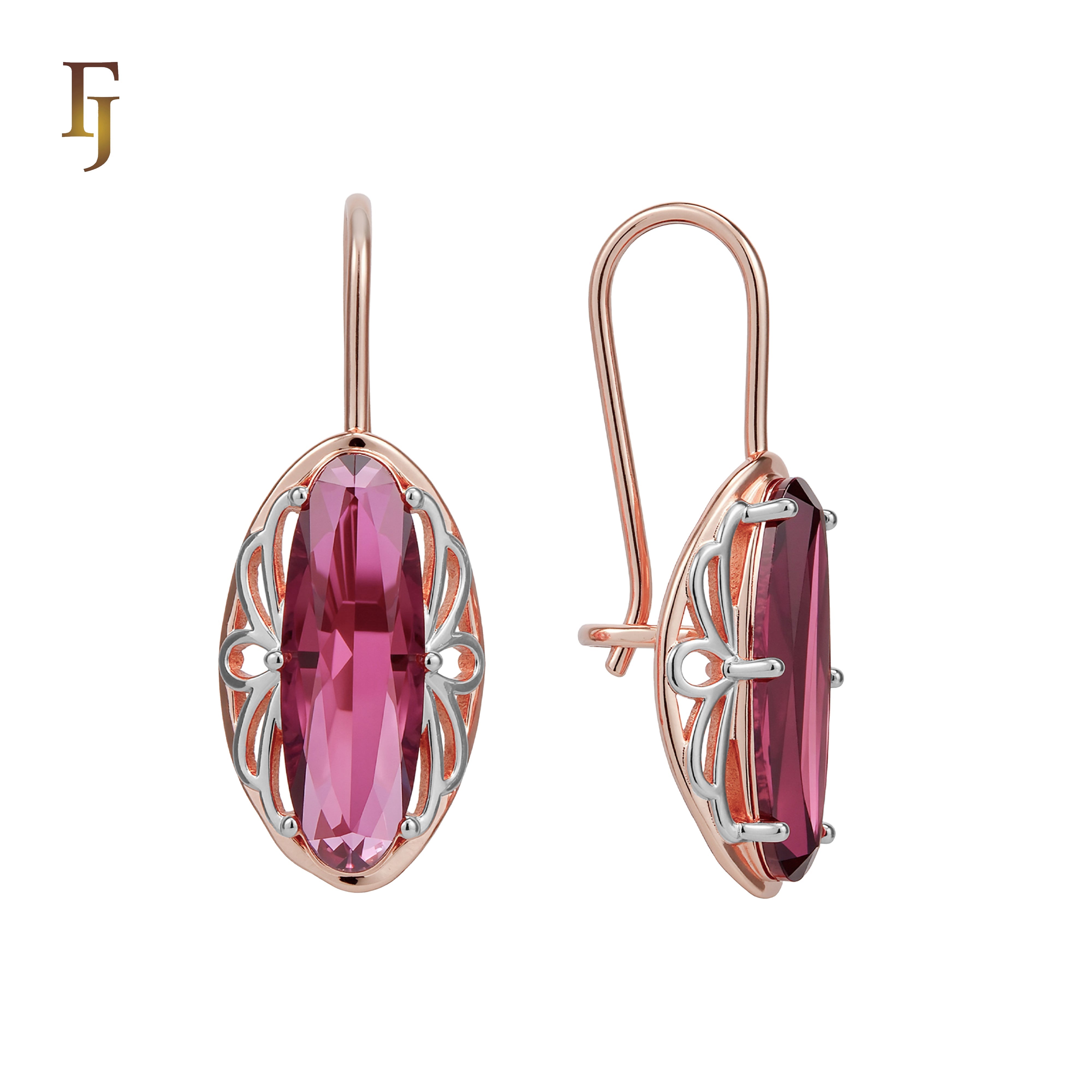 Gold Wire Hook Earrings – Oval Purple CZ with Filigree Frame | Elegant Pierced Jewelry by FJ