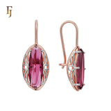 Gold Wire Hook Earrings – Oval Purple CZ with Filigree Frame | Elegant Pierced Jewelry by FJ
