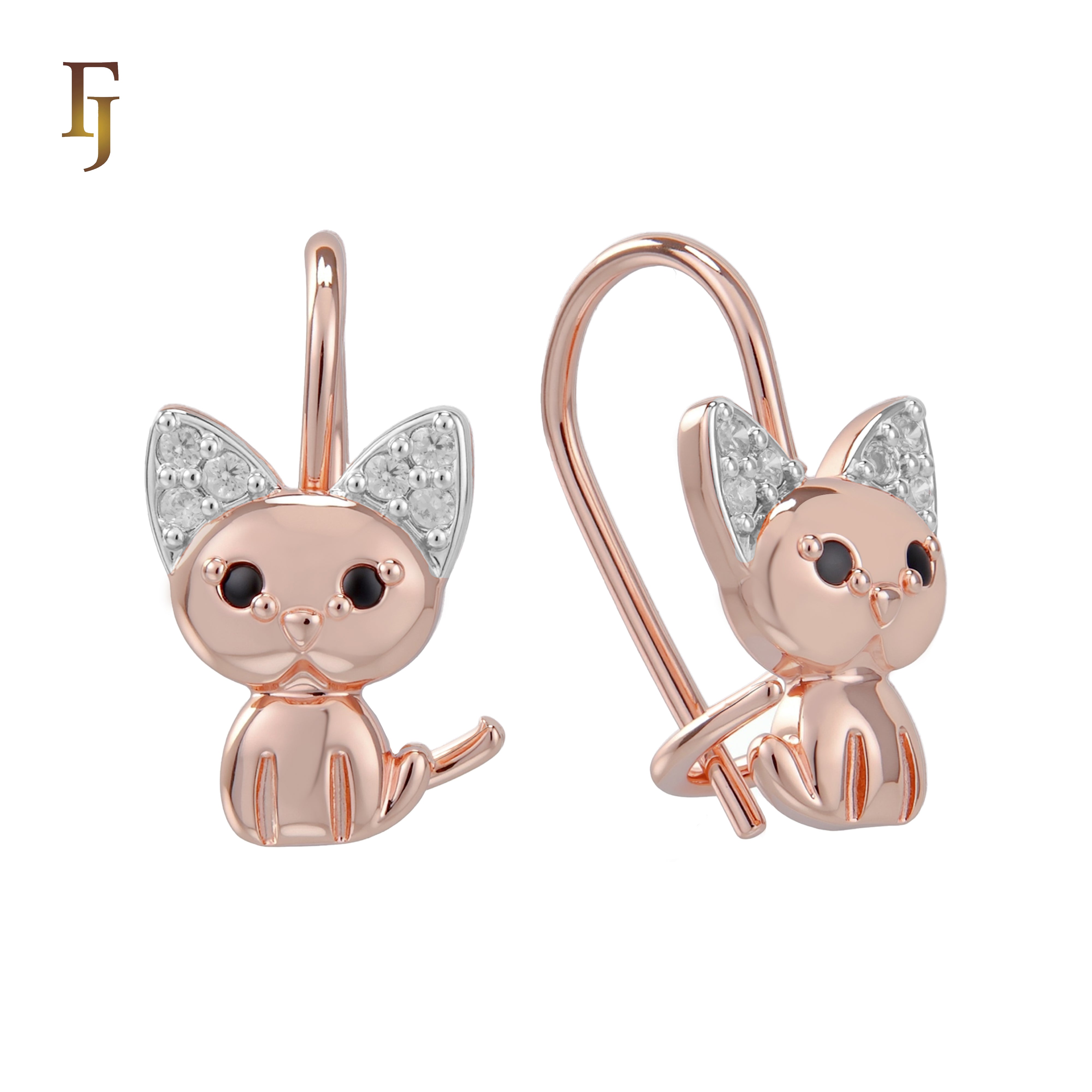 Gold Child Earrings – Cute Cat Wire Hook with CZ Ears | Non-Tarnish Pierced Jewelry by FJ