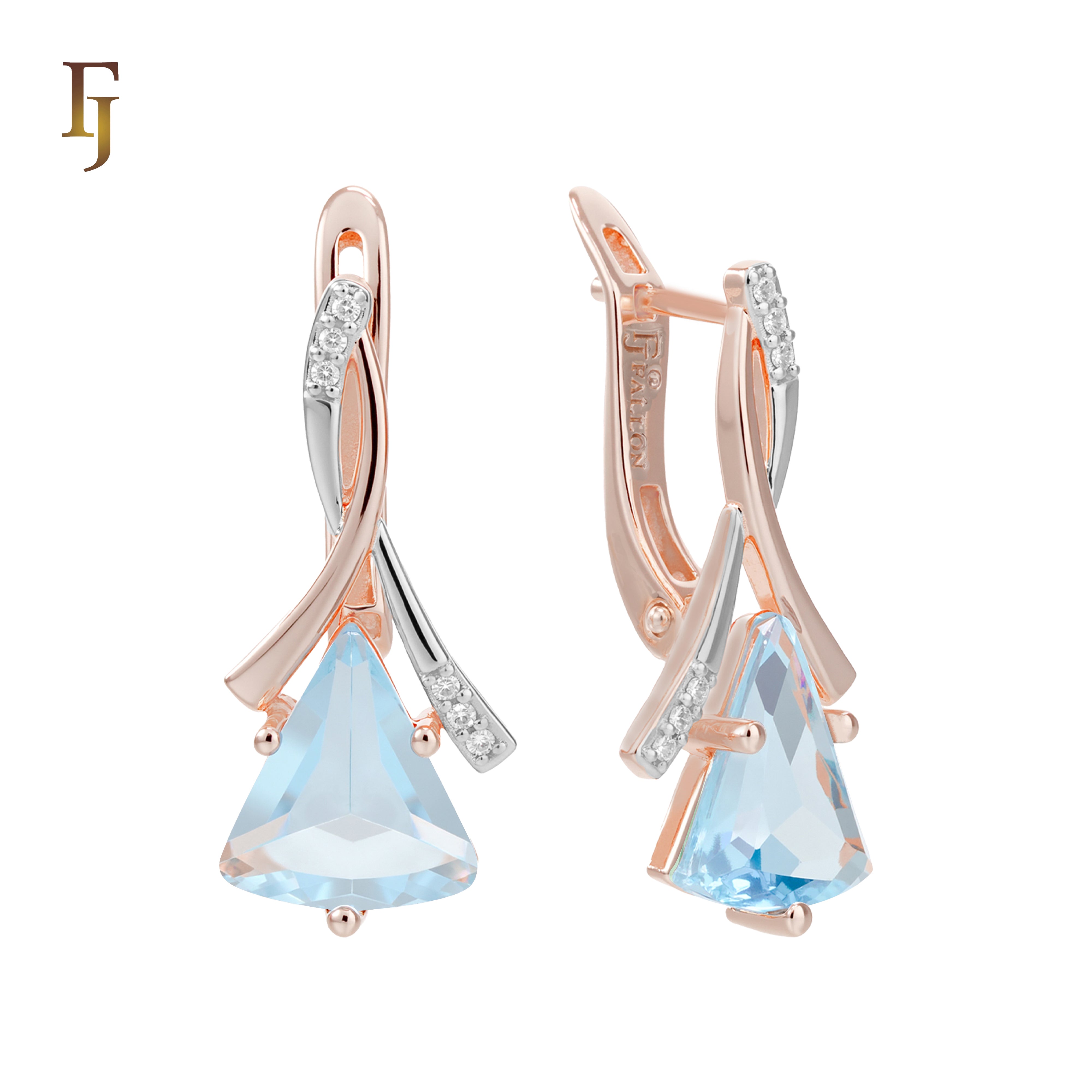 🔥 Gold Russian Lock Earrings – Blue Triangle CZ Drop with Crisscross Pavé Design | Elegant Non-Tarnish Jewelry by FJ