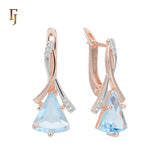 🔥 Gold Russian Lock Earrings – Blue Triangle CZ Drop with Crisscross Pavé Design | Elegant Non-Tarnish Jewelry by FJ