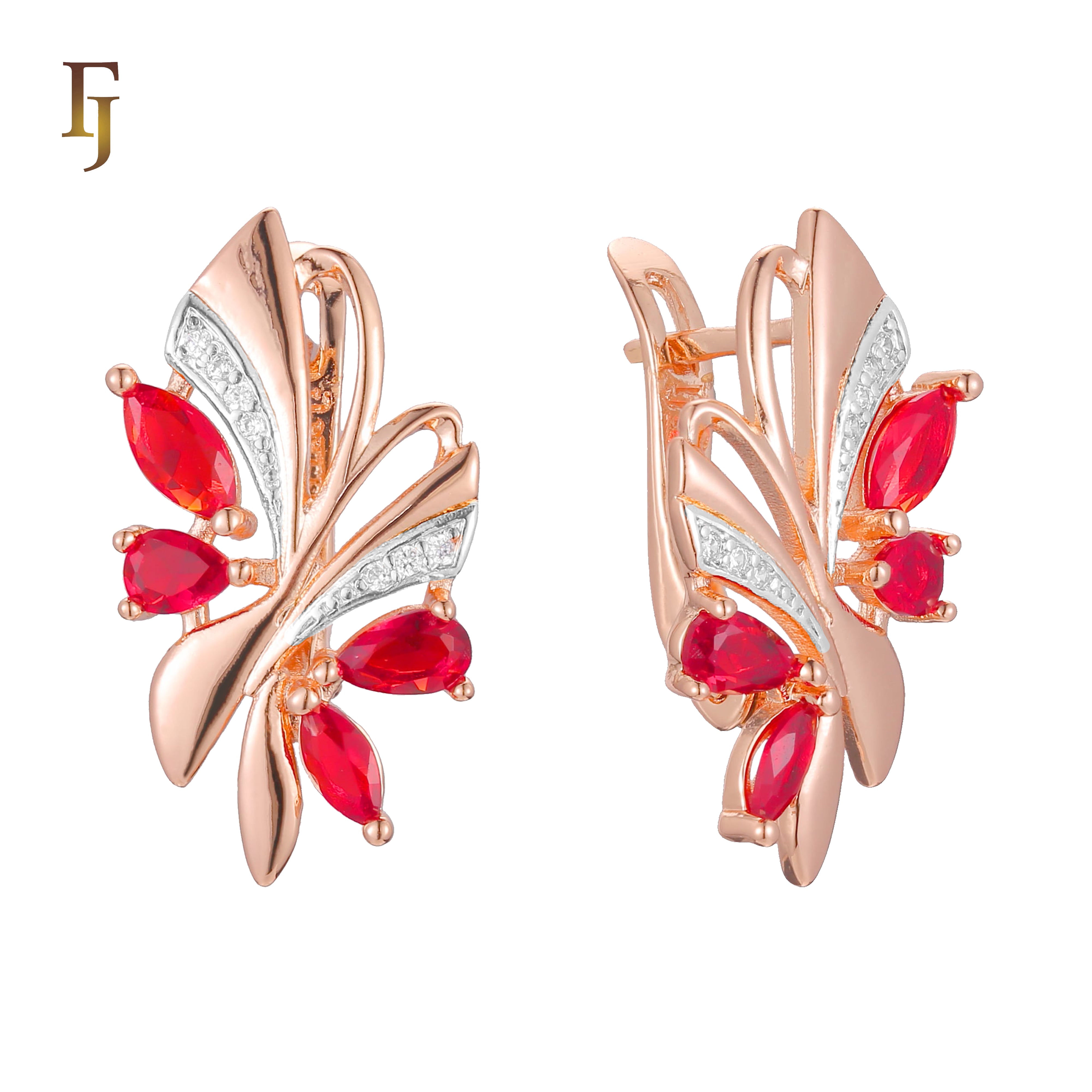 Gold-Plated Russian Lock Earrings with Red CZ Gemstones – Elegant Butterfly Design Earrings