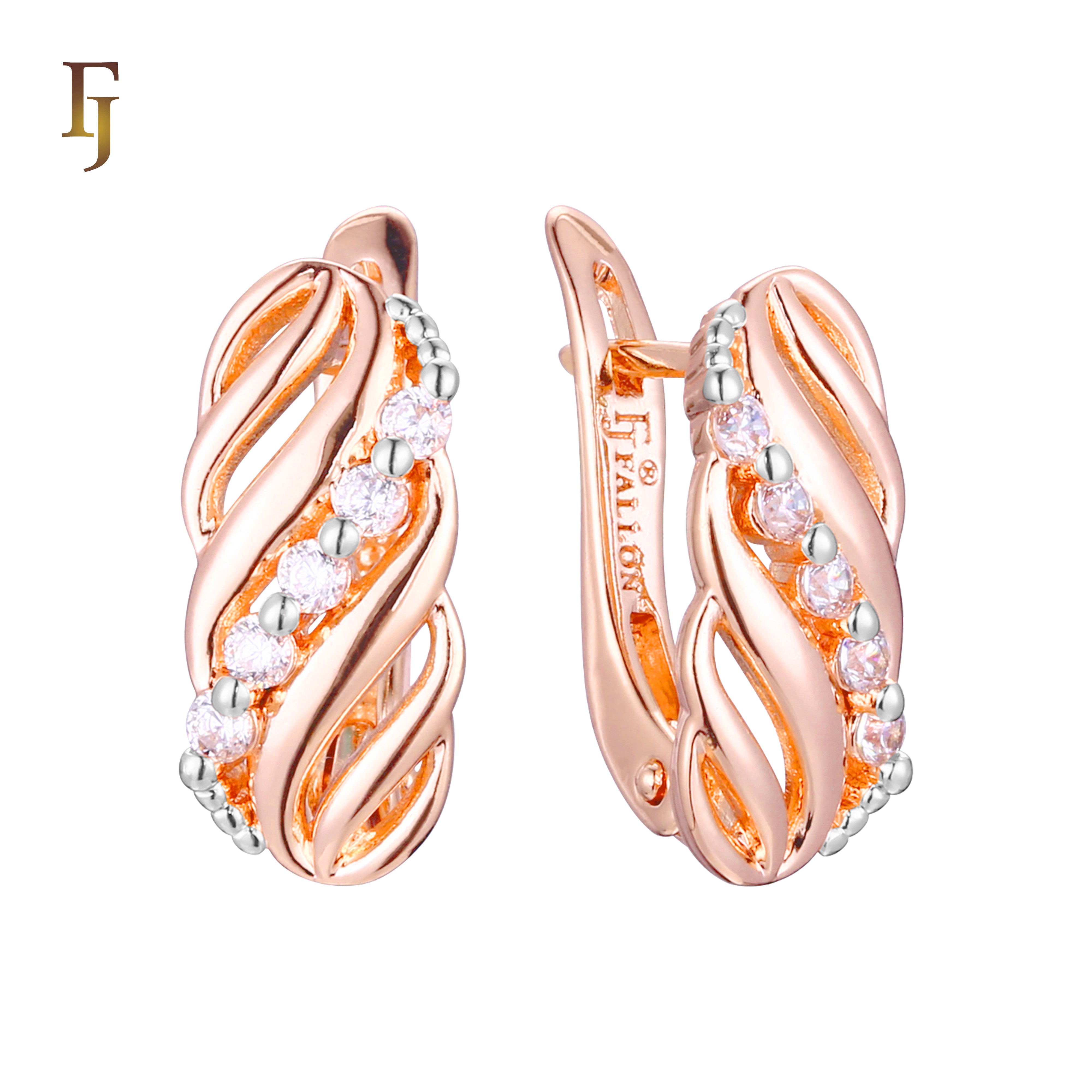 Gold-Plated Russian Lock Earrings with Twisted Design and CZ Accents – Elegant Hoop Style