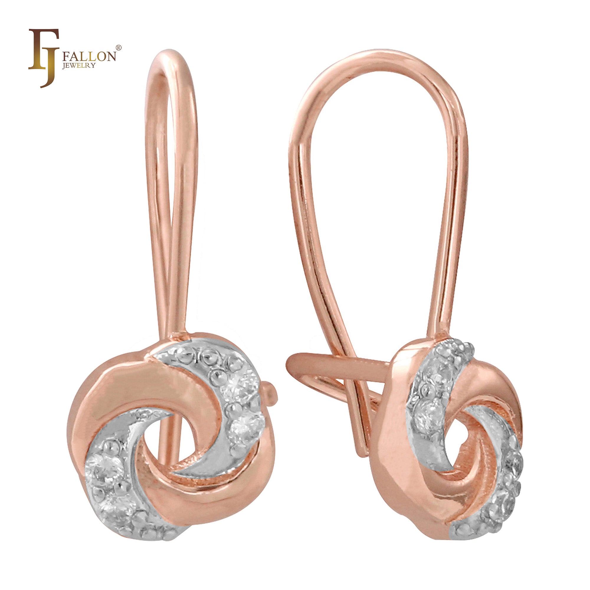 Vortex paved white CZs wire hook 14K Gold, Rose Gold two tone, White Gold Child earrings