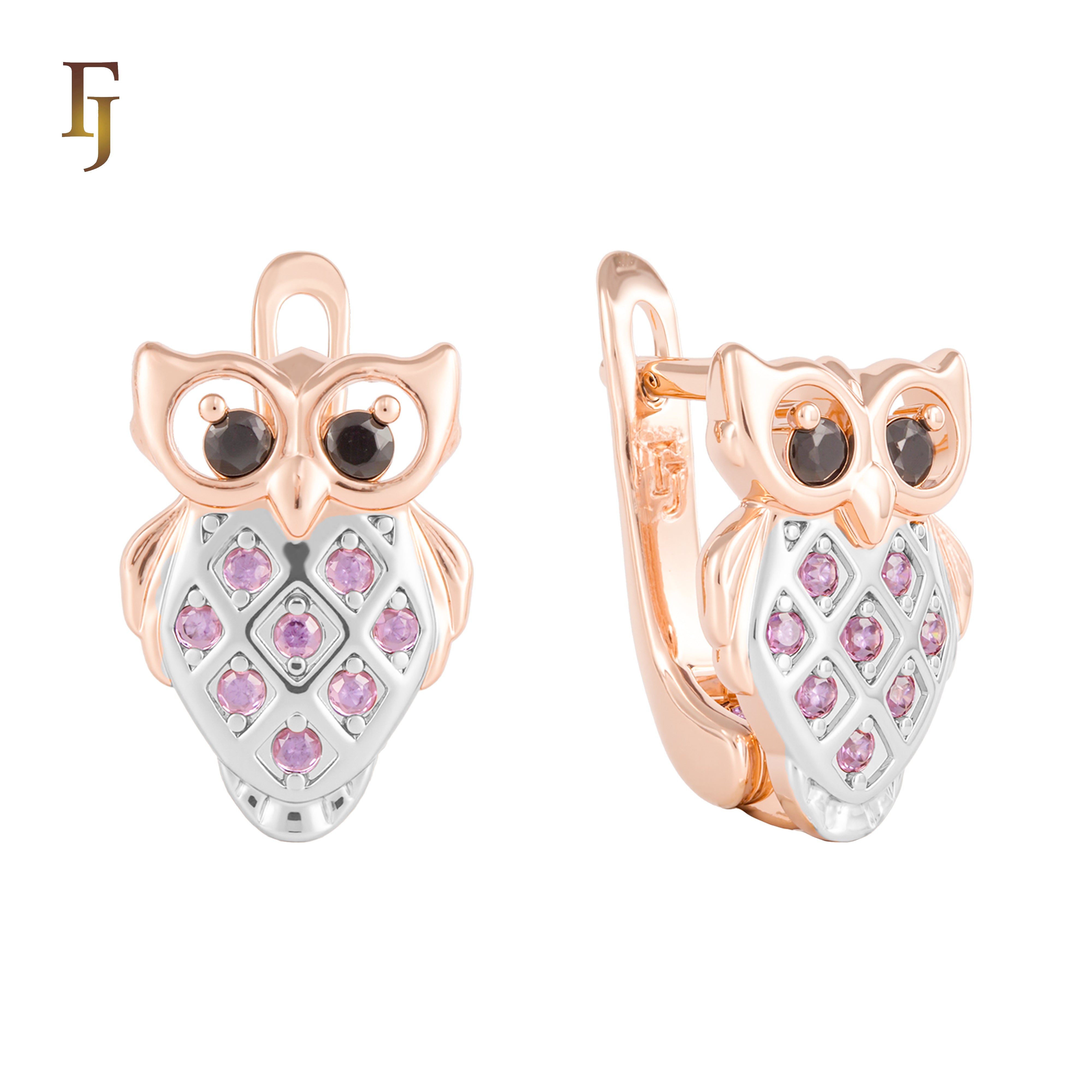 Charming Rose Gold Owl Earrings with Purple and Black CZ Stones – Cute Animal Jewelry Gift for Girls and Women