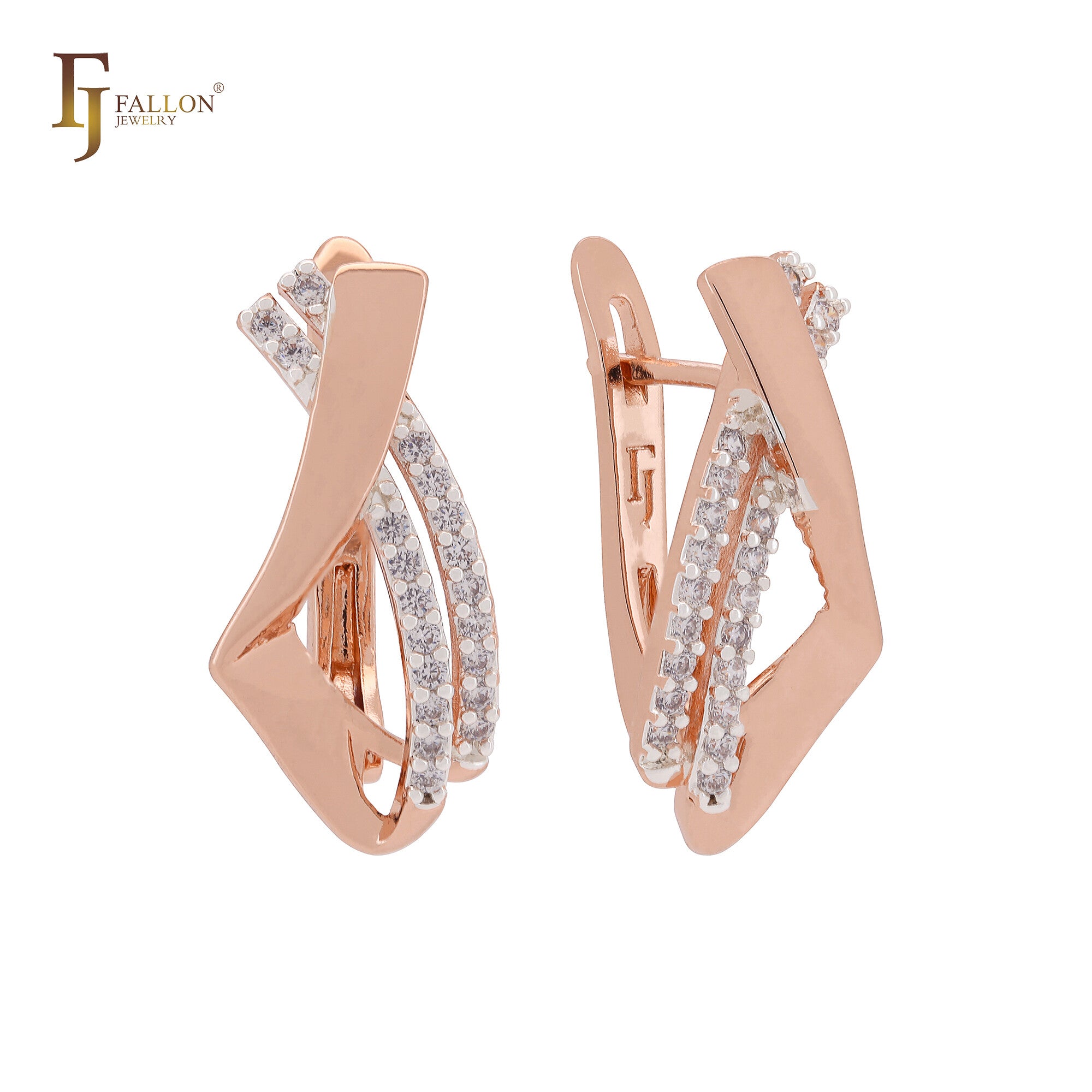 Double ribbons mixed irregular shape white CZs Rose Gold two tone Russian Lock Earrings
