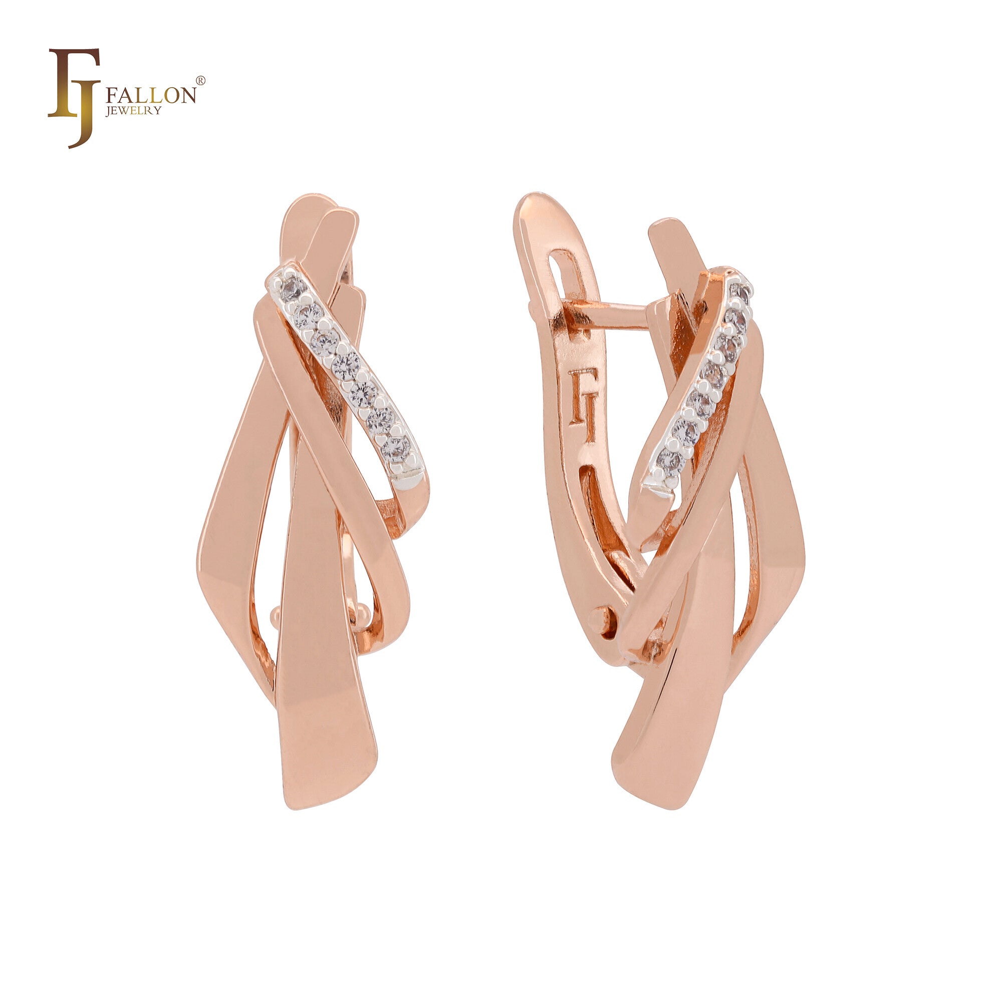 Irregular shaped ribbons of white CZs Rose Gold two tone Russian Lock Earrings