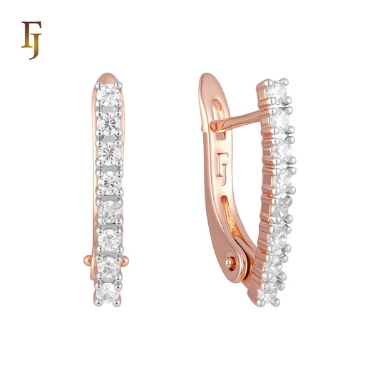 Row of cluster white CZs Rose Gold, two tone Russian Lock Earrings