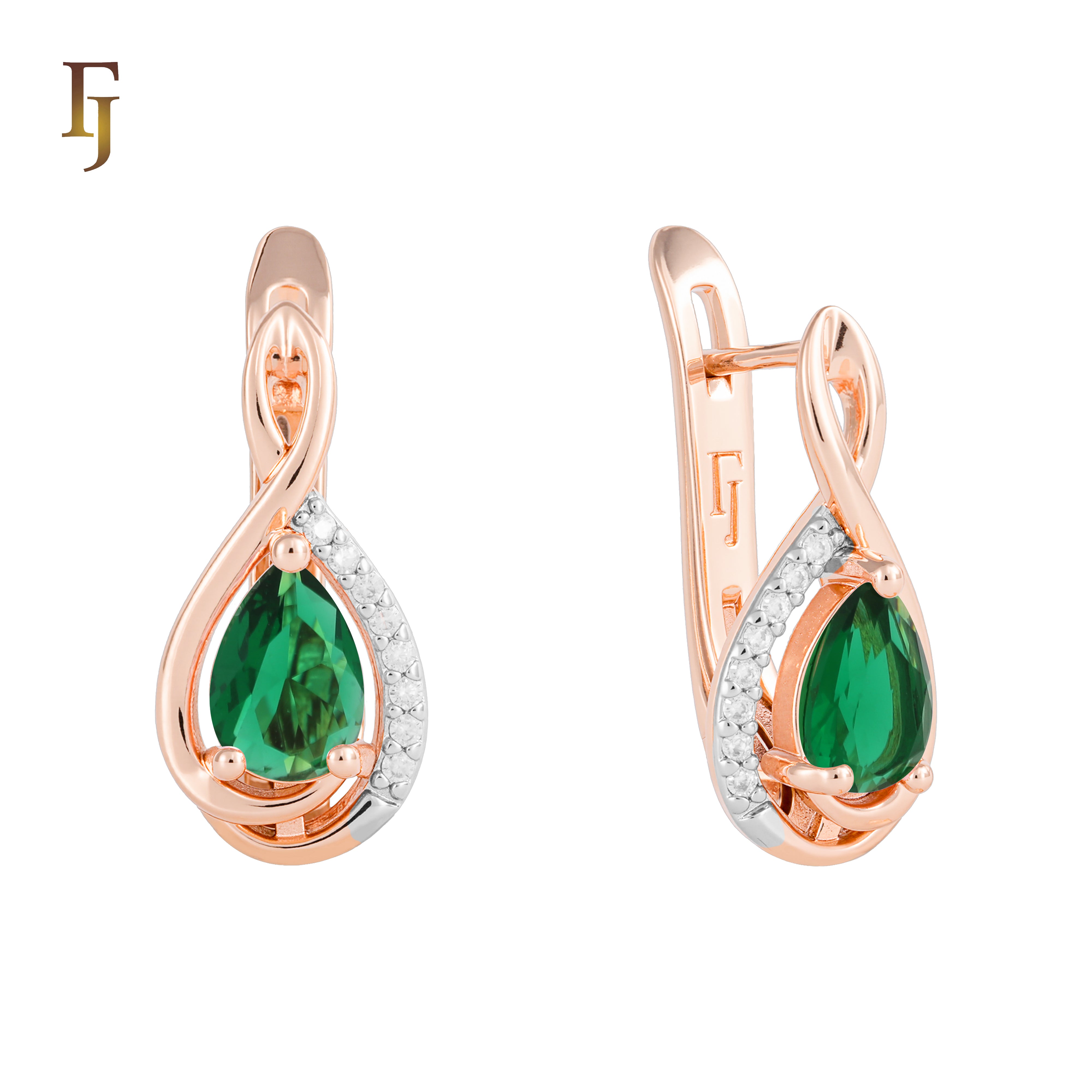 Rose Gold Teardrop Russian Lock Earrings with Pink CZ and Infinity Twist Design