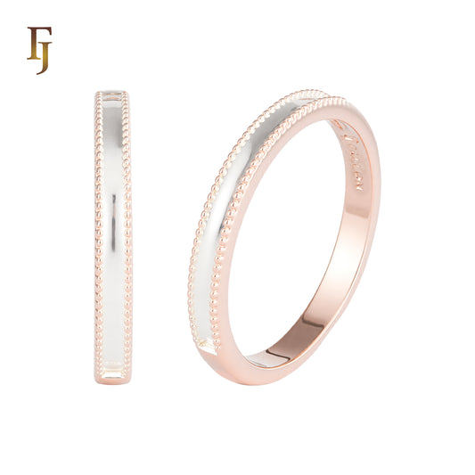 Minimalist Two-Tone Band Ring with Beaded Edge in Rose Gold and Silver Plating – FJ Jewelry