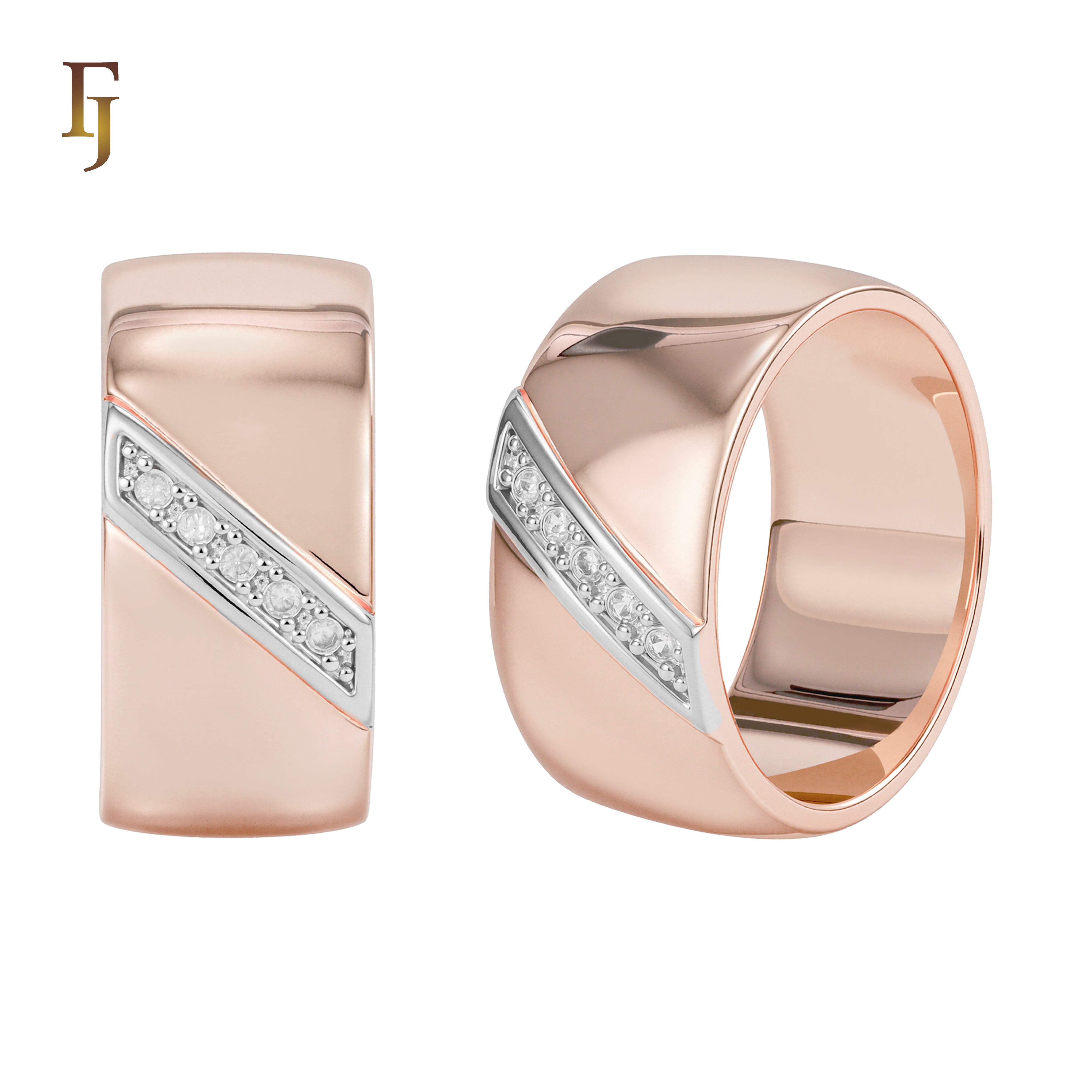 Bold Two-Tone Gold Plated Wide Band Ring with Diagonal CZ Inlay for Men or Unisex